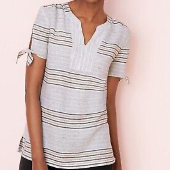Talbots 100% Linen Reef Stripe Tie-Sleeve V-Neck Pullover Top Size Small - Picture 1 of 7